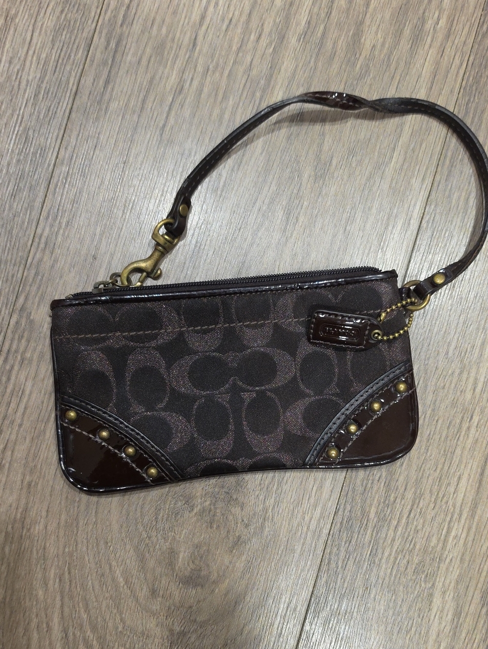 Coach Brown Signature Wristlet with Brass Accents